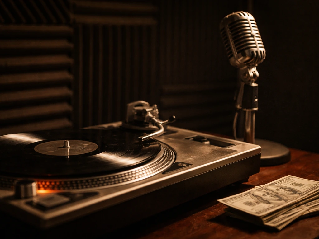 Vintage Detroit hip-hop era studio scene with turntable and cash-like props, symbolizing net worth estimation