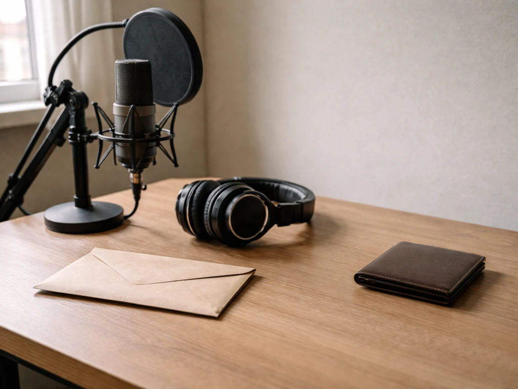 Minimal photo of a music studio desk with a sealed envelope and a separate wallet, symbolizing brand vs personal net wor
