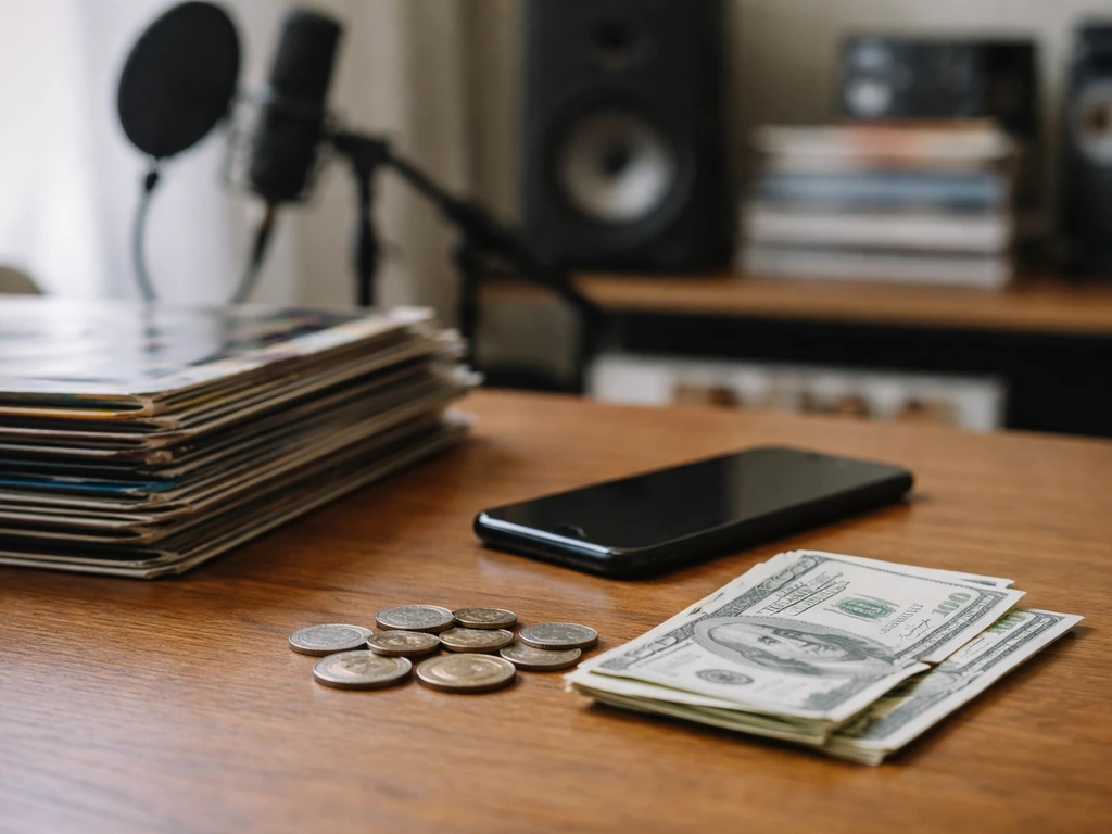 Minimal desk scene with vinyl records, a smartphone, and cash-like objects symbolizing layered music income inputs