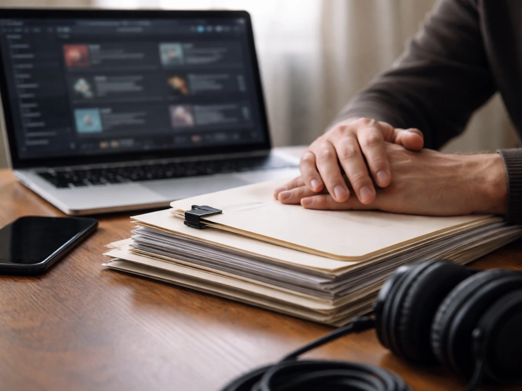 Close-up of an anonymous music rights contract and a laptop showing streaming metadata icons, in a simple home office