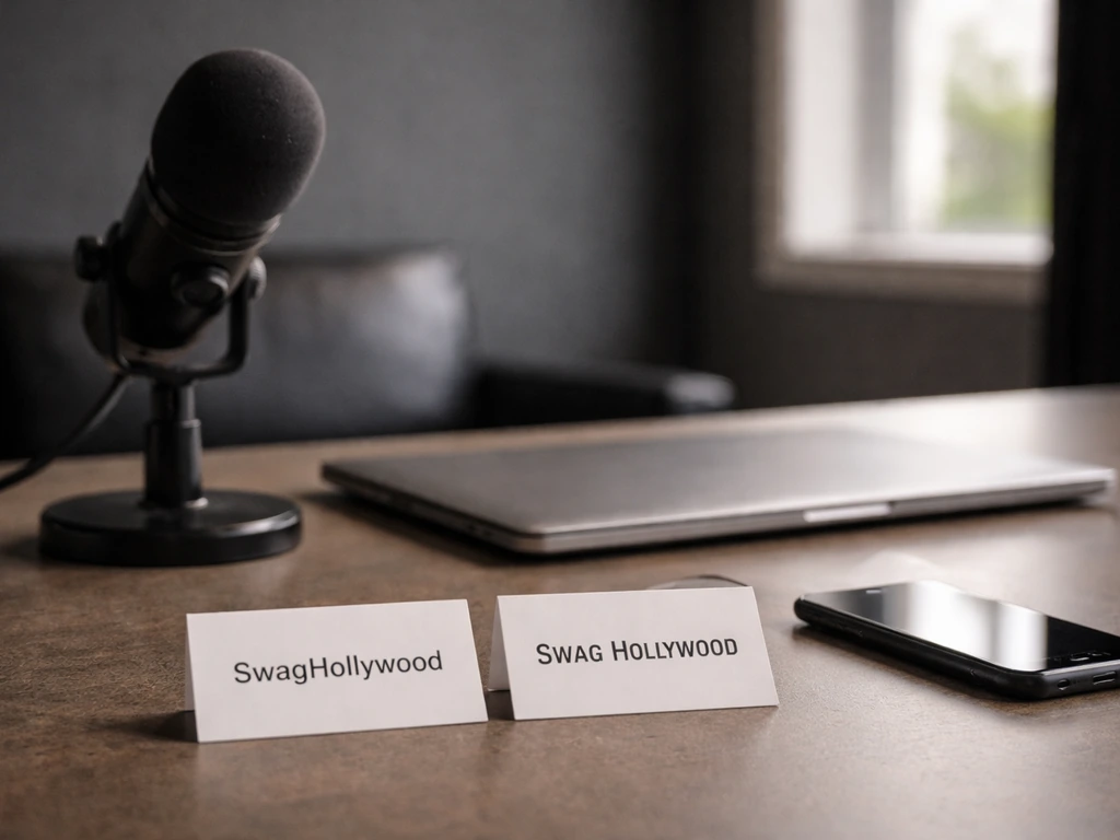 Minimal studio desk scene with anonymous media gear and branded-style name cards indicating profile variations.