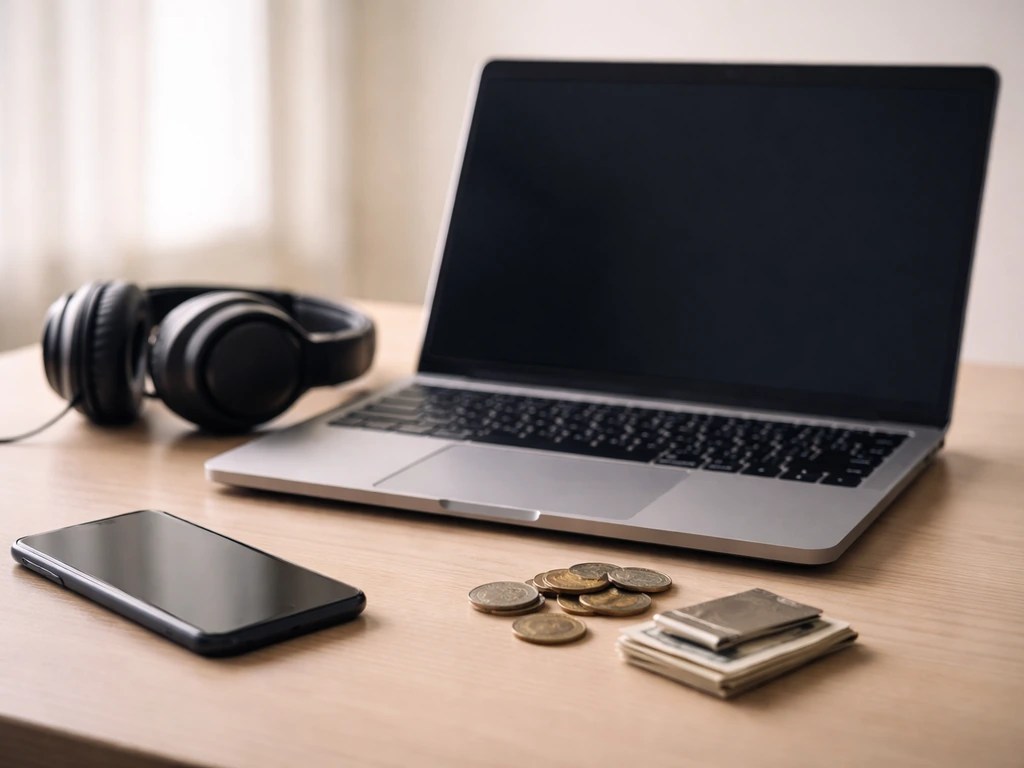 Minimal photo of a laptop beside a smartphone showing streaming and money symbolism with no text