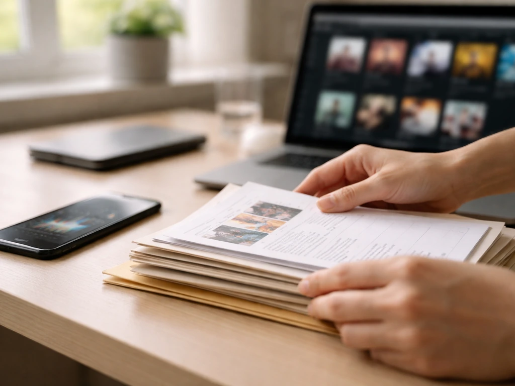 Hands sorting media and financial paperwork beside a laptop showing streaming activity numbers, no text