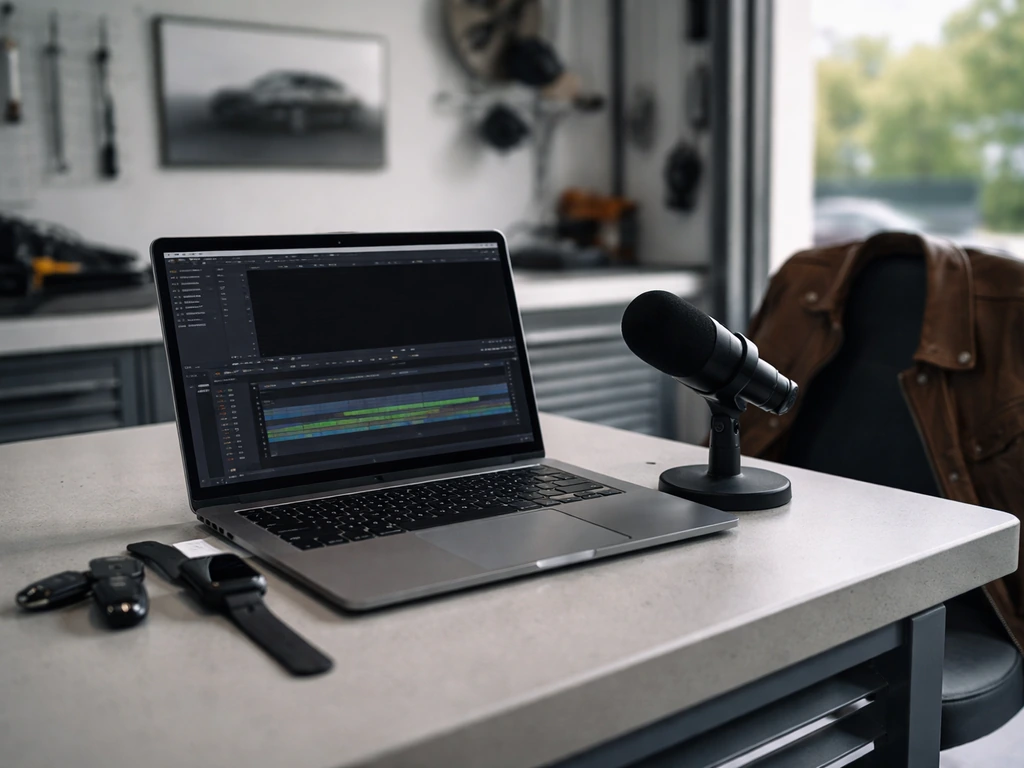Minimal garage studio setup with laptop, microphone, car keys, and daylight—symbolic of automotive media and business.