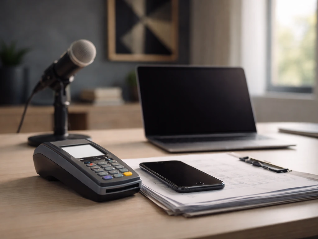 Minimal office desk with payment terminal, smartphone, microphone, and business papers in natural light.