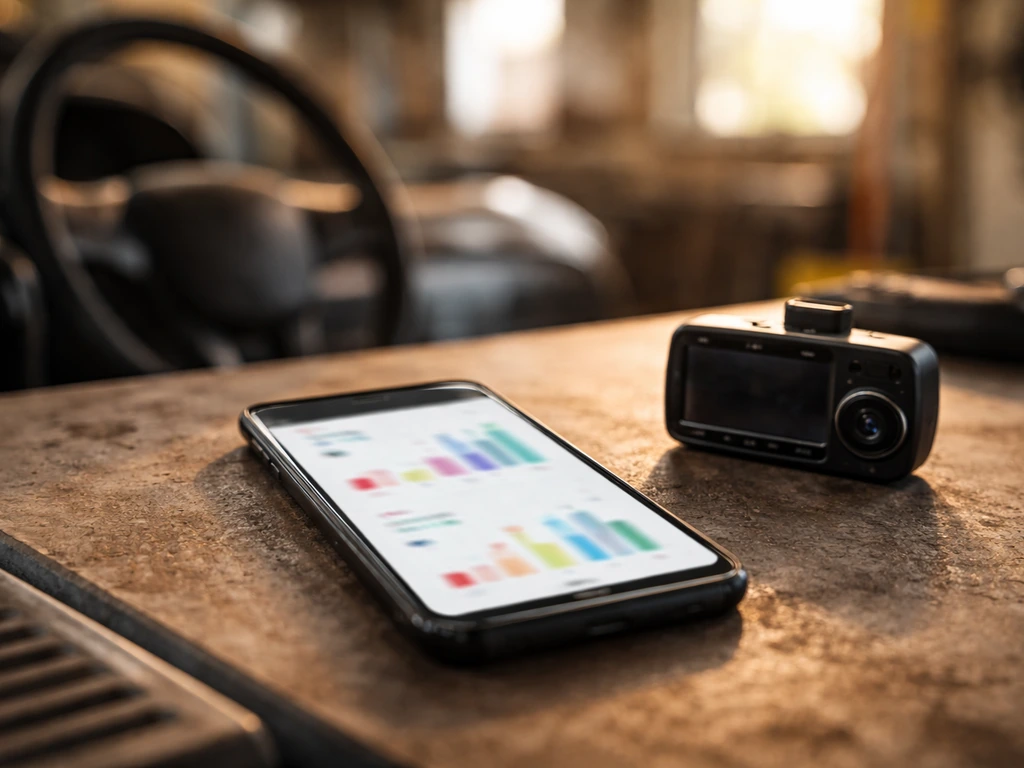 Close-up of a smartphone beside a dashboard camera as a car enthusiast reviews monetization metrics
