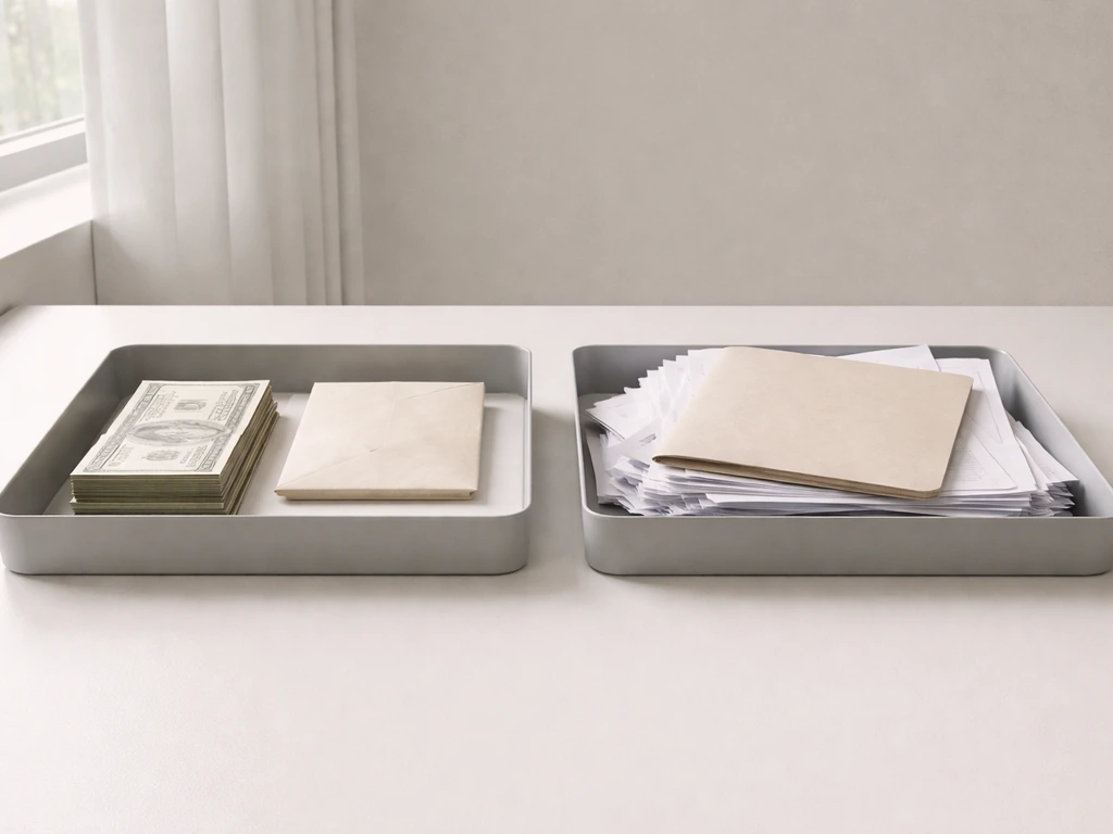 Minimal desk scene with stacked bills for assets on one side and crumpled documents for liabilities on the other.