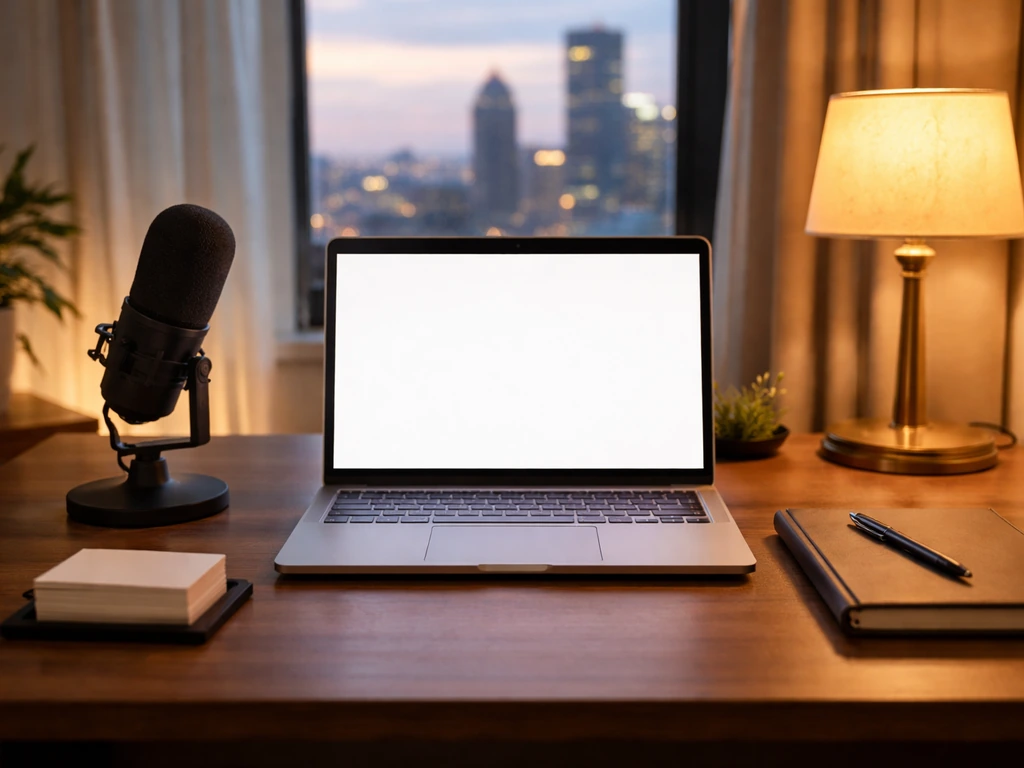 Minimal office desk with a laptop, microphone, and subtle luxury cues suggesting marketing agency wealth