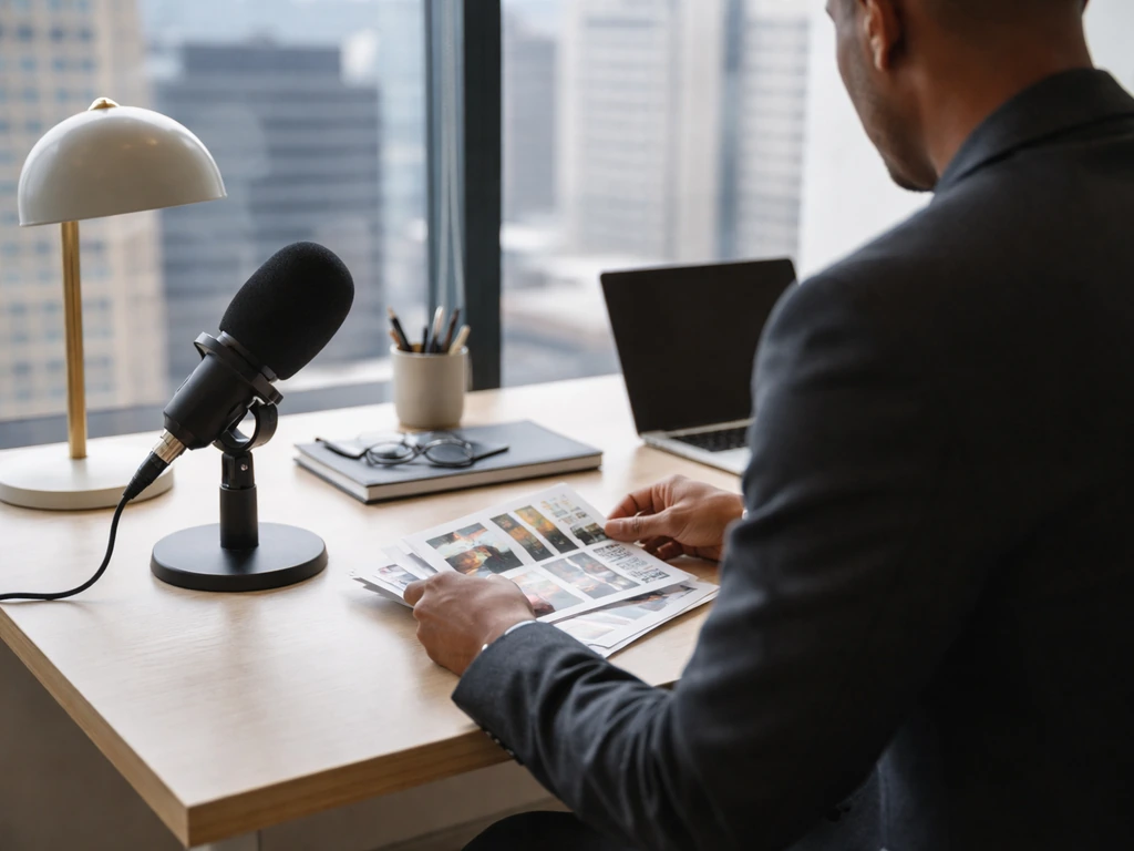 Anonymous marketing professional working at a desk with studio microphone in a modern office.