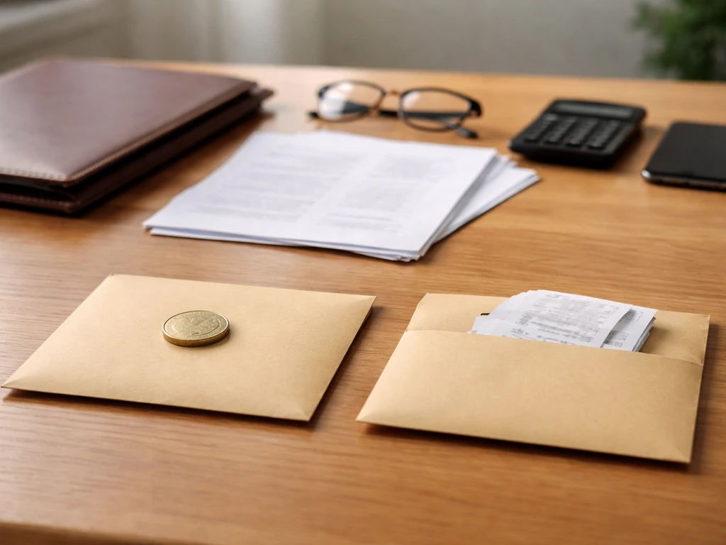 Minimal office scene showing documents, a calculator, and a folder labeled with symbols—symbolic assets minus liabilitie
