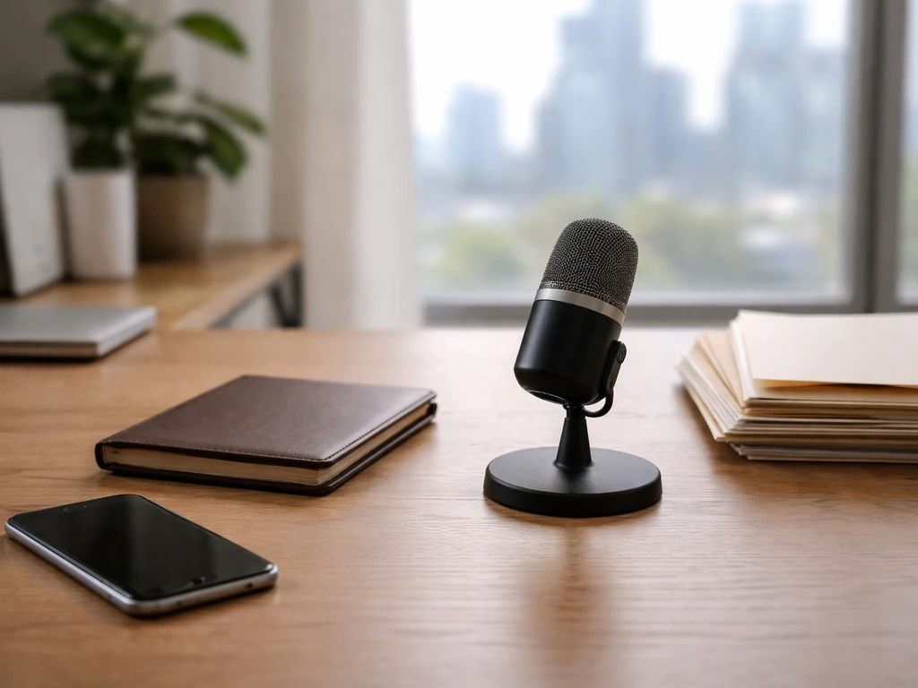 Minimal desk scene with a camera, smartphone, and neatly stacked business materials suggesting a career wealth trajector