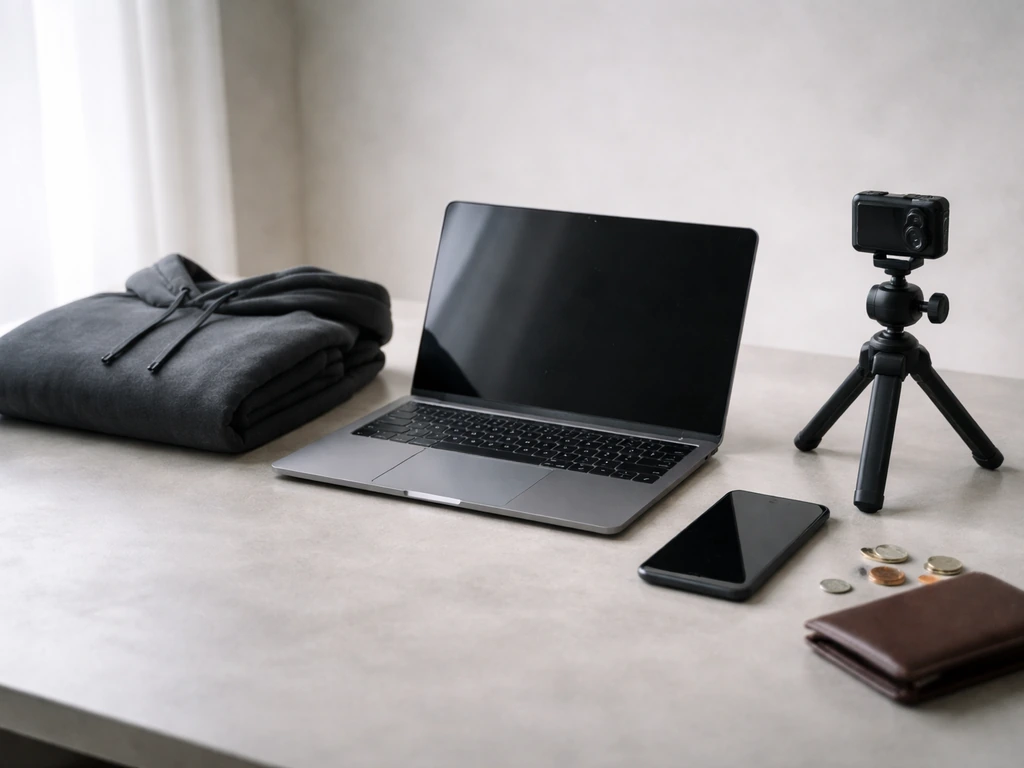 Minimal desk scene with streetwear clothing, laptop, and small wealth objects symbolizing brand valuation.