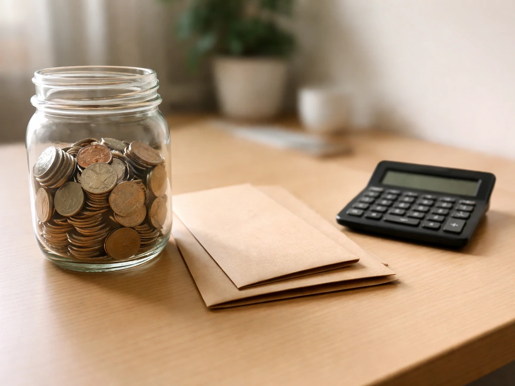 Minimal office desk with two unlabeled envelopes and a calculator, symbolizing assets vs liabilities