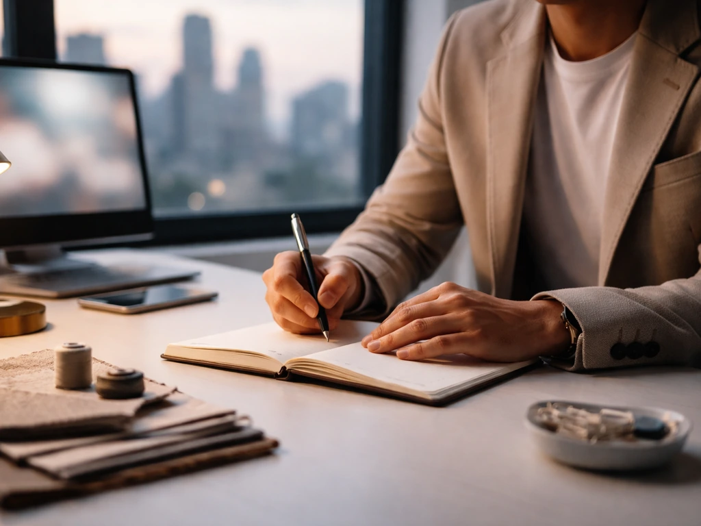 Anonymous entrepreneur at a fashion-tech office desk with a notebook and city window view