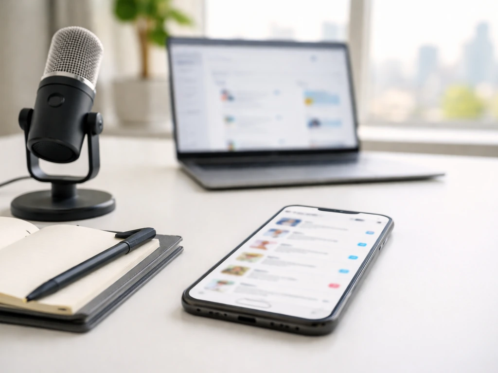 Blurred smartphone social media view on a desk with a microphone, suggesting online ecommerce educator identity.