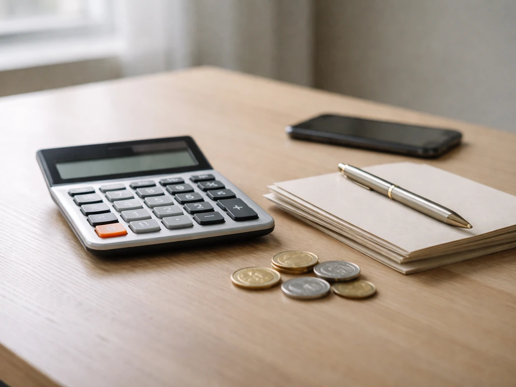 Minimal desk scene with calculator and scattered coins symbolizing estimated net worth range