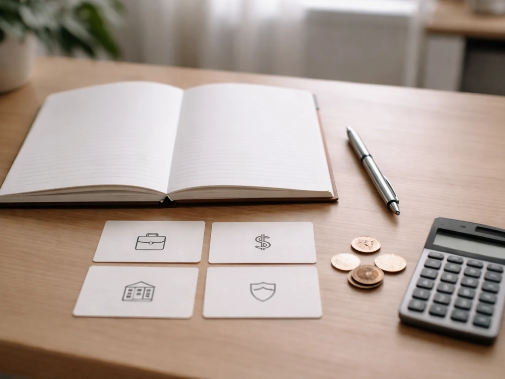 Minimal photo of a notebook page with neatly arranged cards showing wealth categories and examples