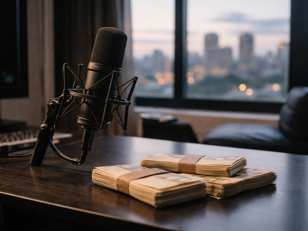 Minimal photo of a music studio desk with a microphone, cash-like envelopes, and blurred city skyline at dusk.