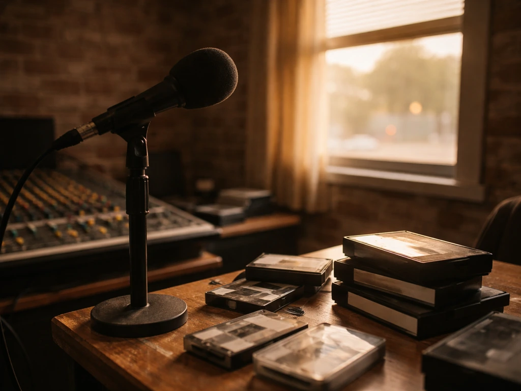 1990s recording studio scene with a microphone and tapes, symbolizing hip-hop media and shifting net-worth estimates.