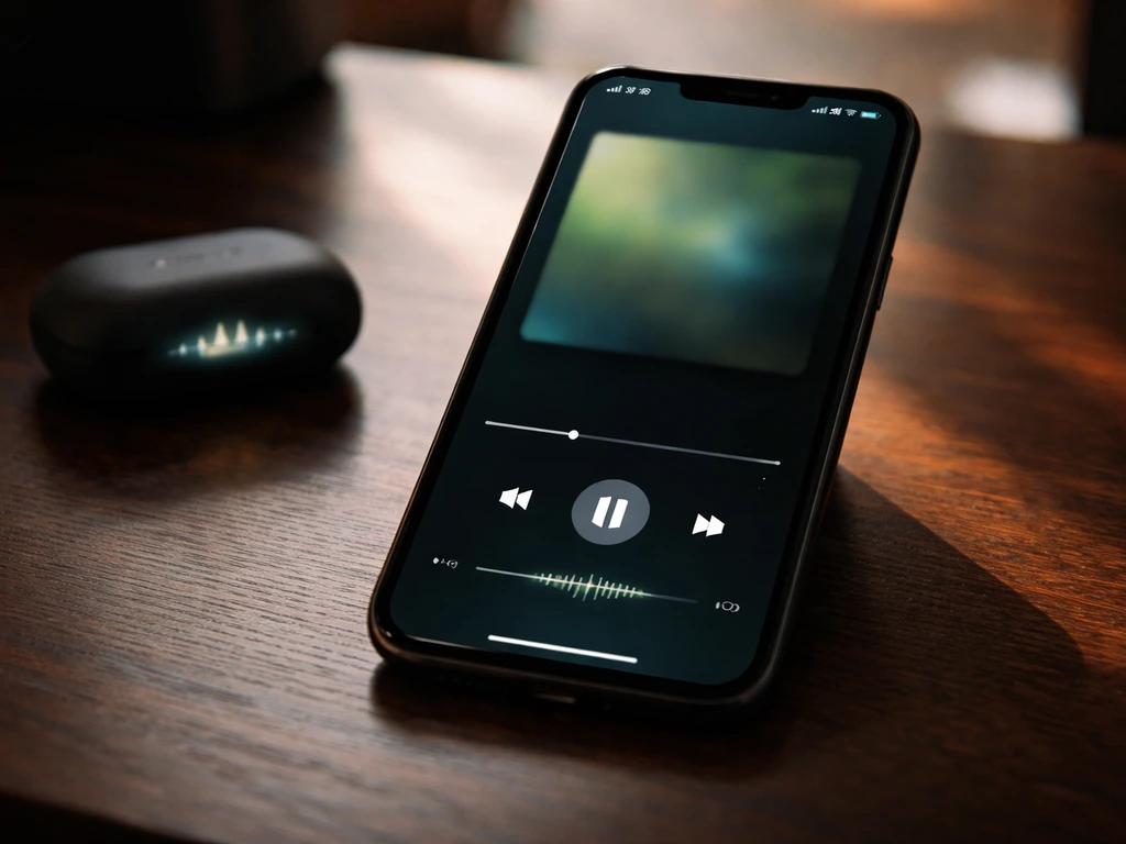 Close-up of a phone screen showing music playback activity beside an audio waveform on a dark background