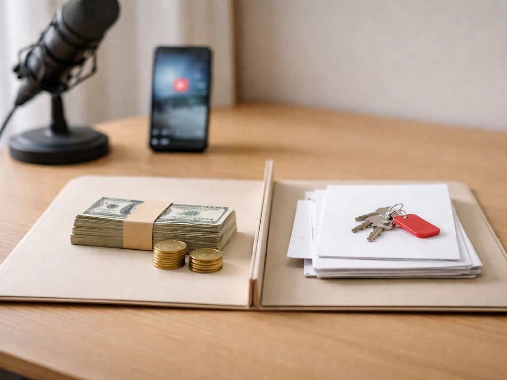 Desk scene with split piles symbolizing assets vs liabilities and a blurred media setup for verification.