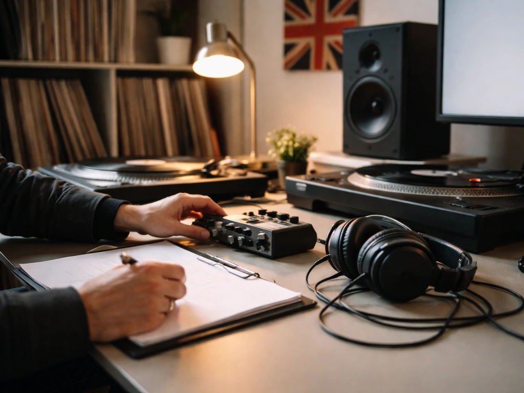 Music label A&R workspace with studio equipment and UK-style office details, suggesting record-industry leadership.