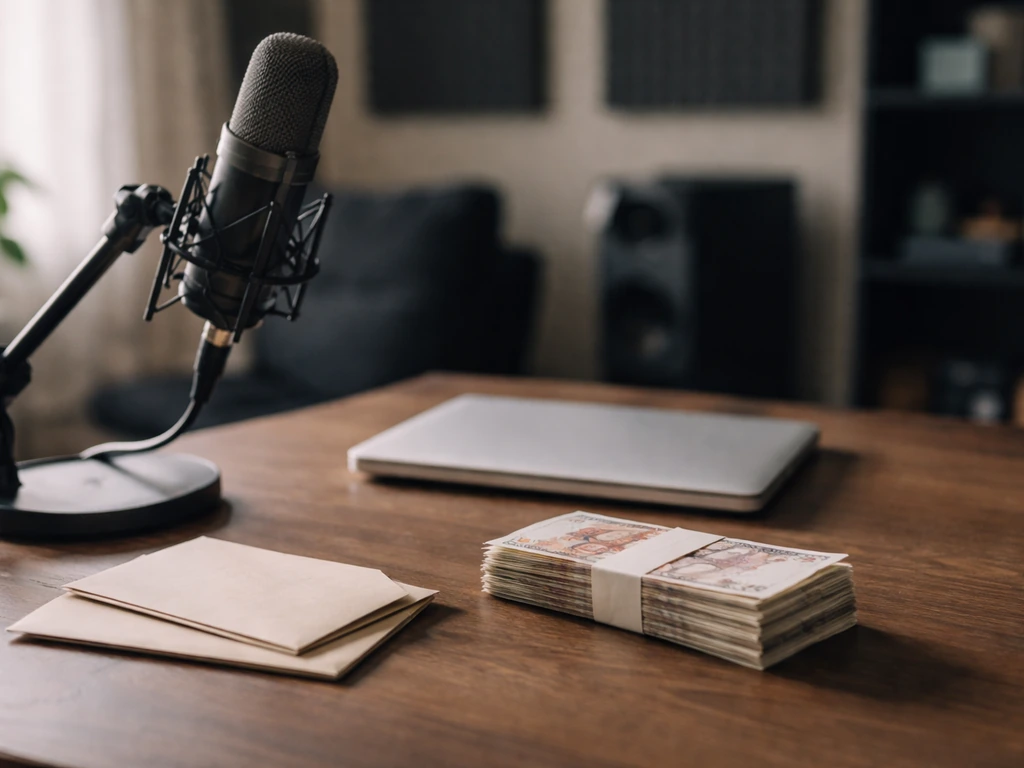 UK music industry executive’s net worth estimate shown symbolically with a studio desk and cash envelopes
