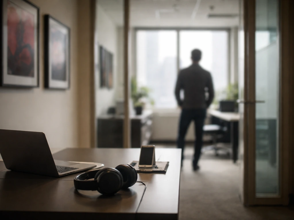 Minimal music-label office scene with a tidy desk, closed laptop, studio headphones, and a blurred figure.