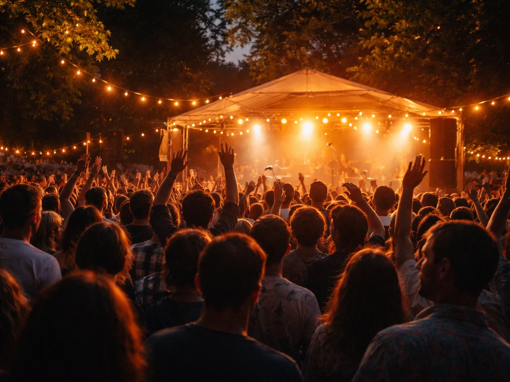 Crowd enjoying Strawberries & Creem style summer festival on a small Cambridge outdoor stage at night.