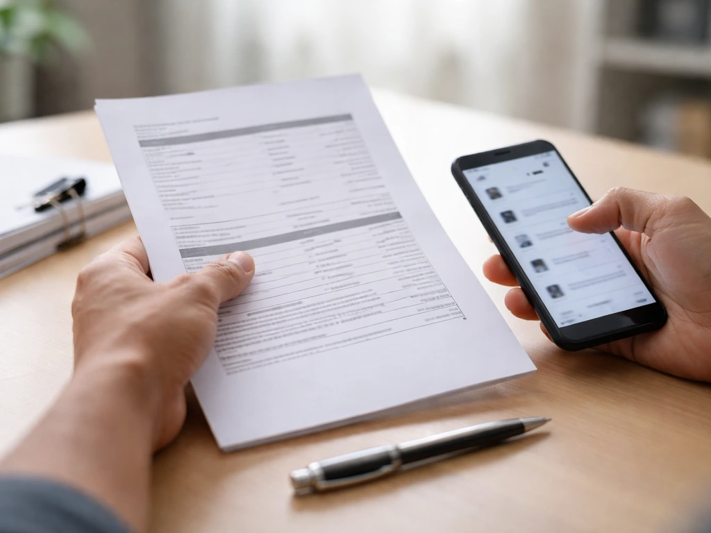 Close-up of hands comparing a printed document with a phone, showing verification and business records vibe