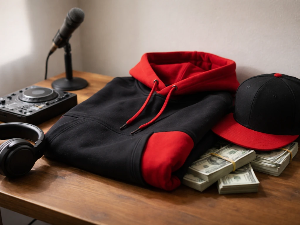 Streetwear hoodie and cap on a wooden table with headphones and cash, urban music vibe, no logos