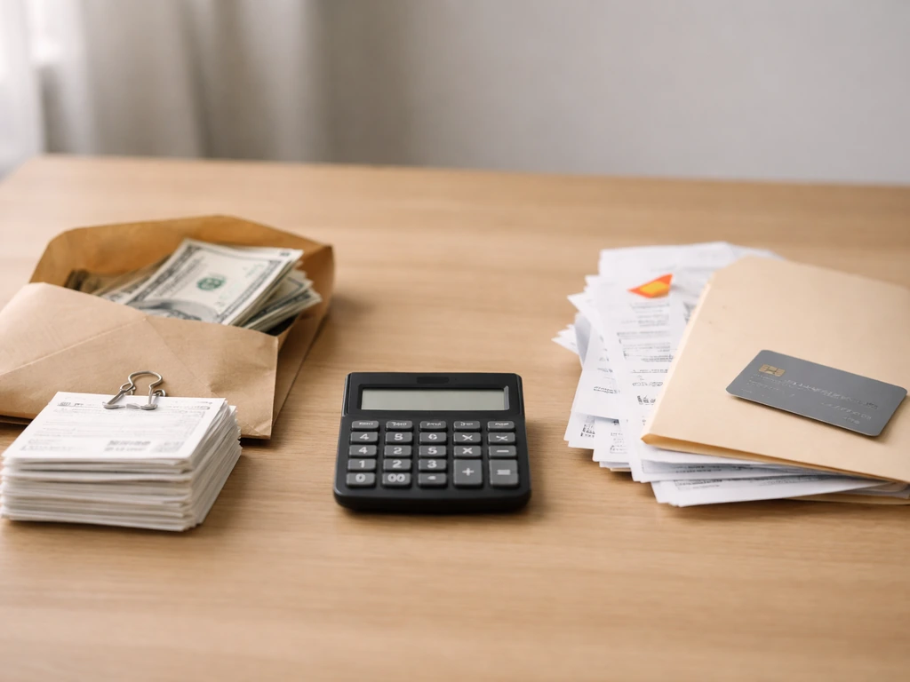 Assets on one side and bills/credit card on the other, with a calculator between in a minimal money scene.