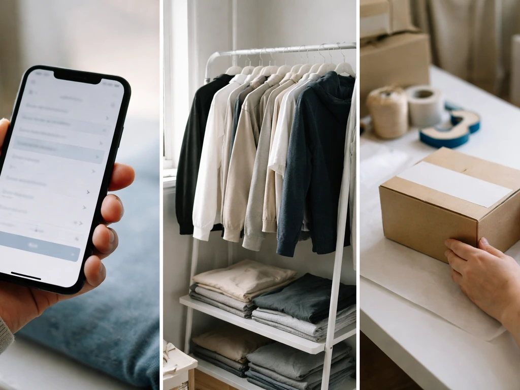 Minimal photo collage showing apparel business money flow: ecommerce screen, clothing rack, and shipping boxes