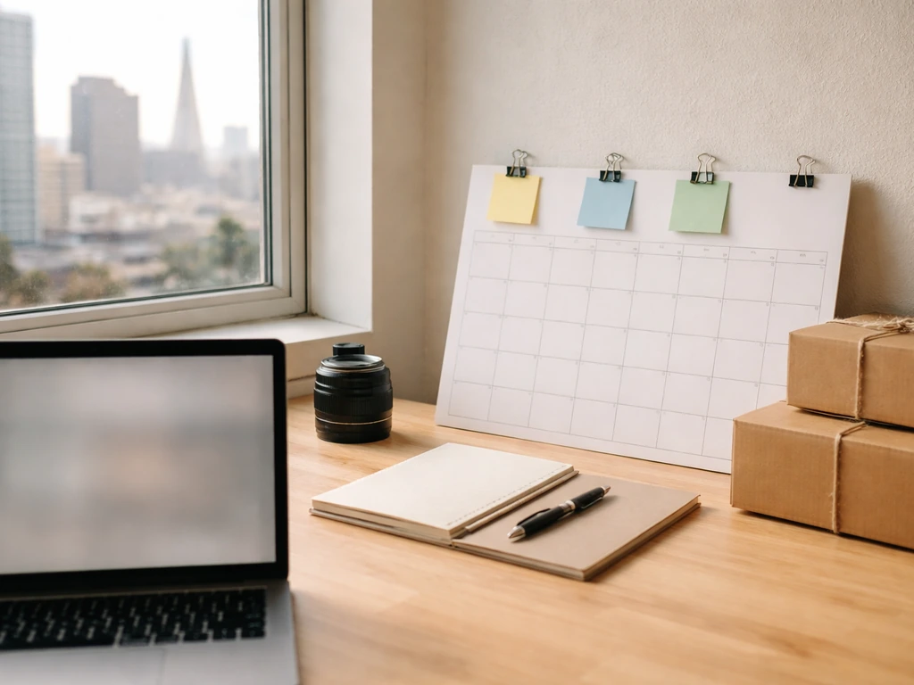 Minimal desk scene with calendar, notebook, pen, and tied shipping boxes in morning city light.