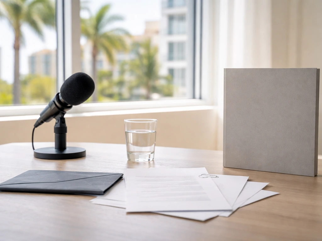 Minimal Miami-style office desk with a sealed envelope and microphone, symbolizing unclear net worth evidence.