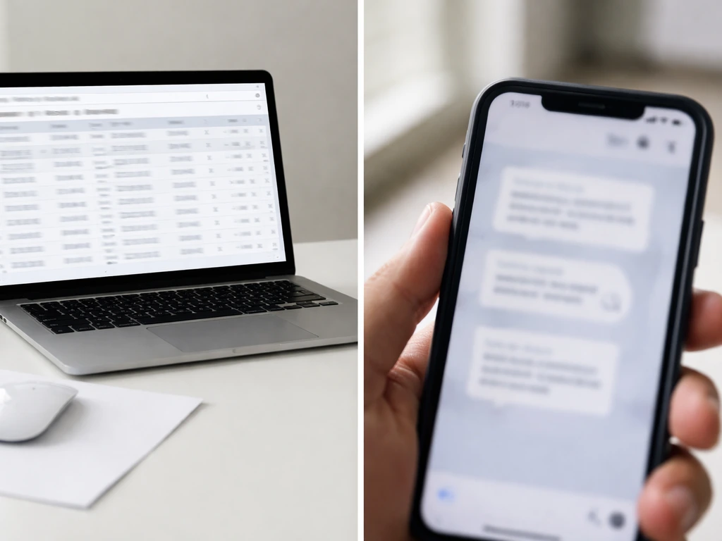 Side-by-side close-up: laptop with blurred property search UI vs blurred smartphone rumor message card.