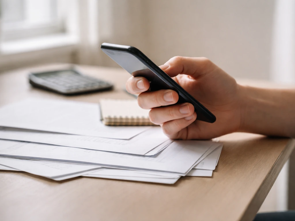 Minimal office scene with documents and a smartphone, symbolizing checking credibility of net worth figures online