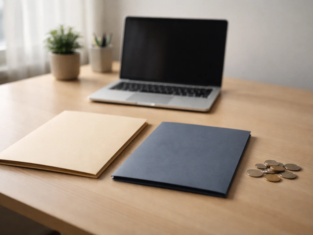 Minimal photo of a desk with laptop, two empty folders, and scattered coins symbolizing company value vs personal wealth