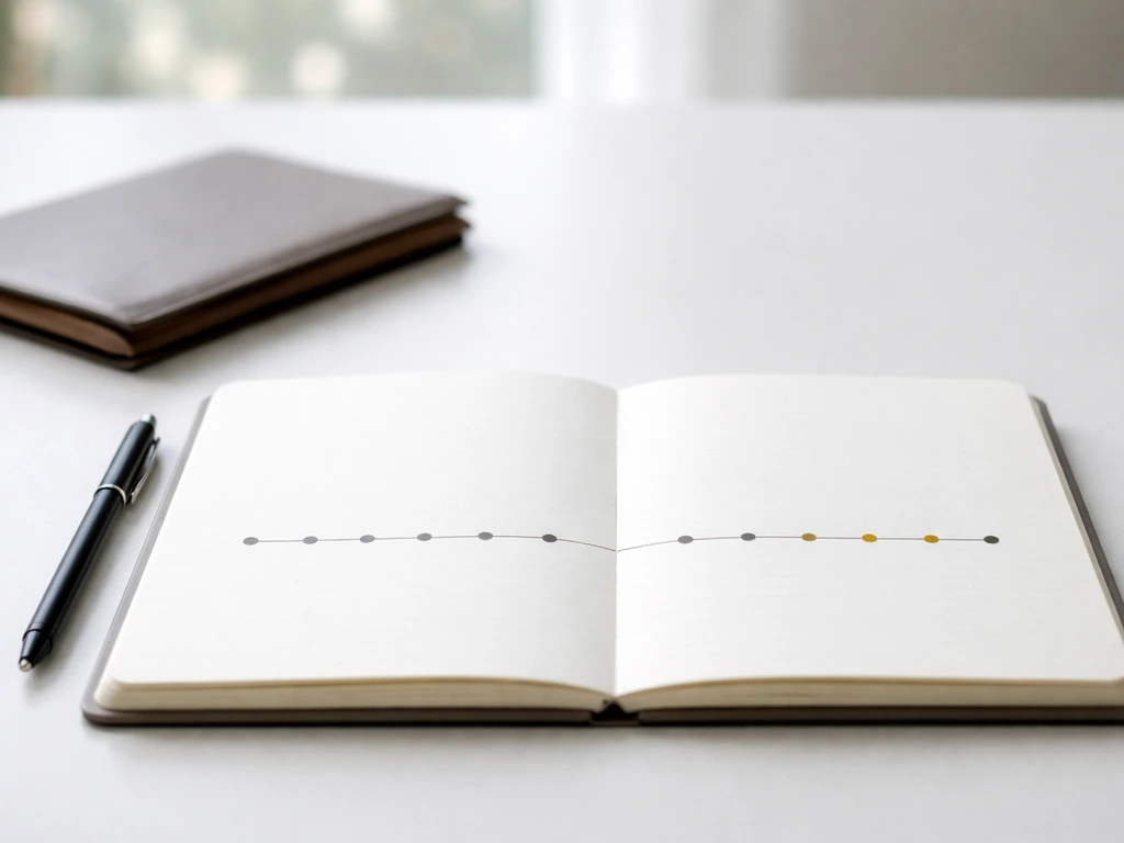 Minimal desk scene with a timeline of valuation milestone markers on paper, 2014 to 2026 represented visually