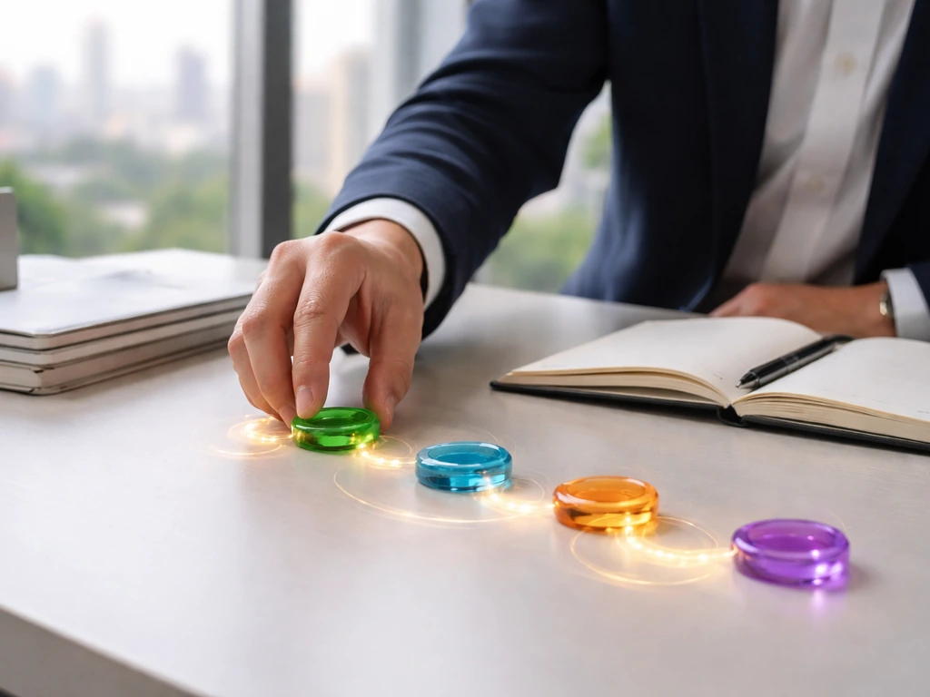 Anonymous hands arranging glass tokens on a desk with glowing light trails suggesting money flow.