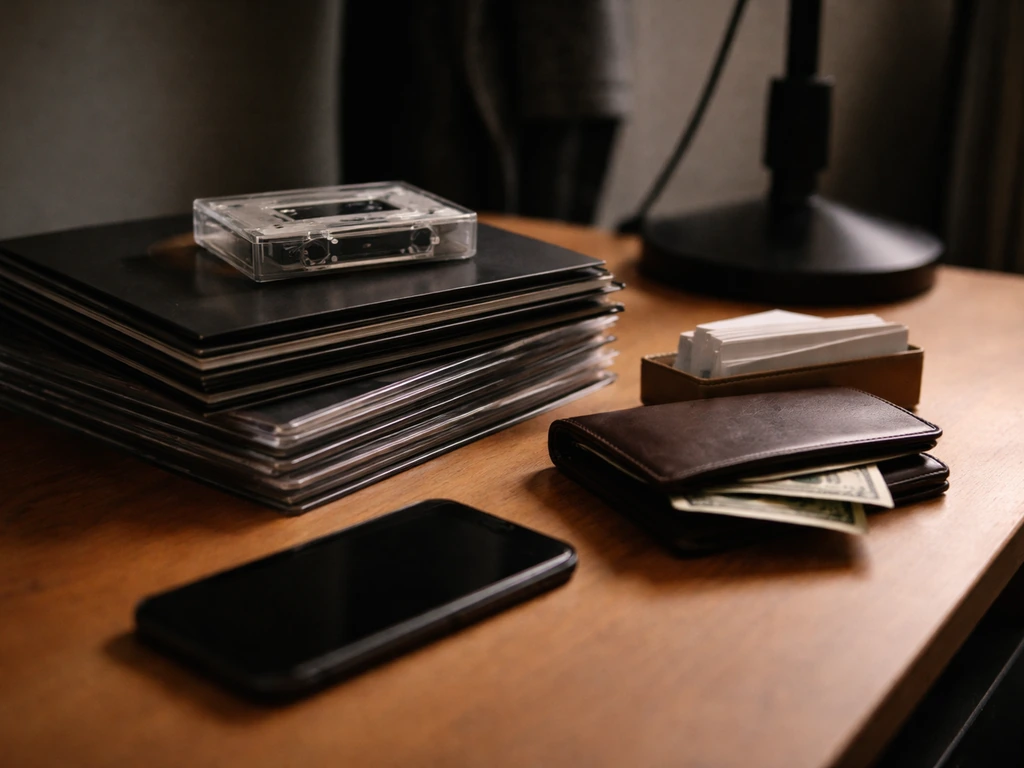 Minimal music royalty hero scene with a mixtape stack and subtle money/tour itinerary symbolism