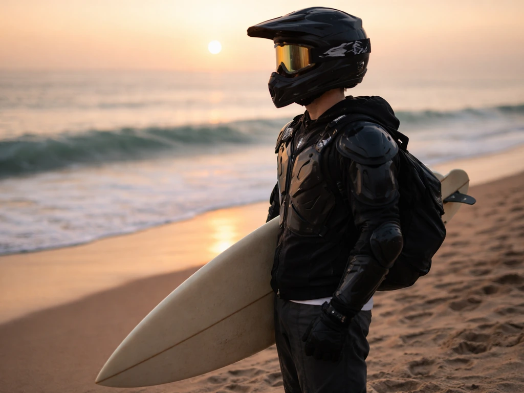 Capron Funk-style extreme athlete in motocross gear with a surfboard in a quiet outdoor setting