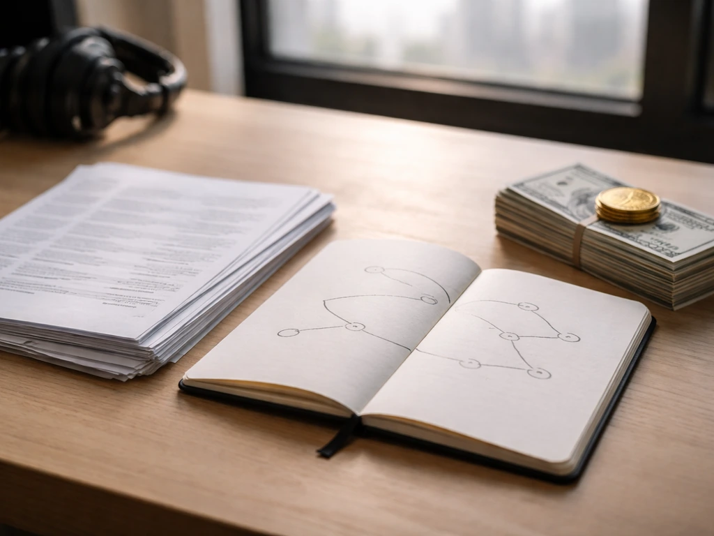 Minimal scene of streaming royalty papers, a touring route-style notebook, and cash beside a studio desk.