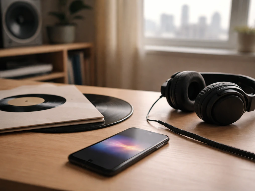 Minimal studio desk scene with a smartphone and vinyl record hinting at mixtape-era career milestones