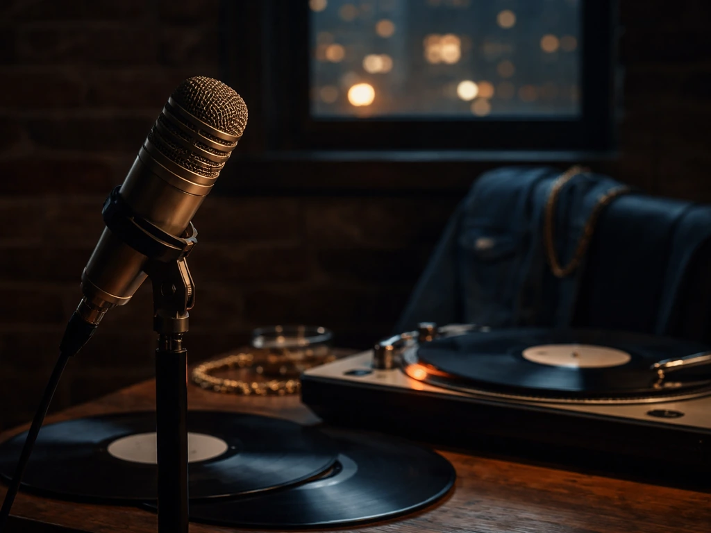 Moody studio scene with turntable, microphone, and vinyl records symbolizing a Brooklyn rapper’s legacy.