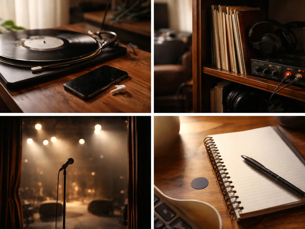 Minimal split scene with music, studio gear, stage lights, and songwriting items symbolizing income streams.