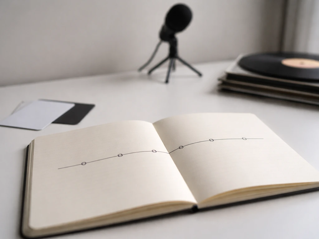 Open notebook and vinyl records on a desk with a studio microphone, symbolizing career financial milestones.