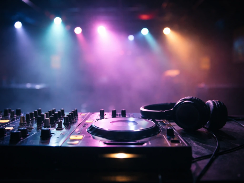 Electronic music DJ equipment and stage lights in a small club, suggesting a performer without showing a person