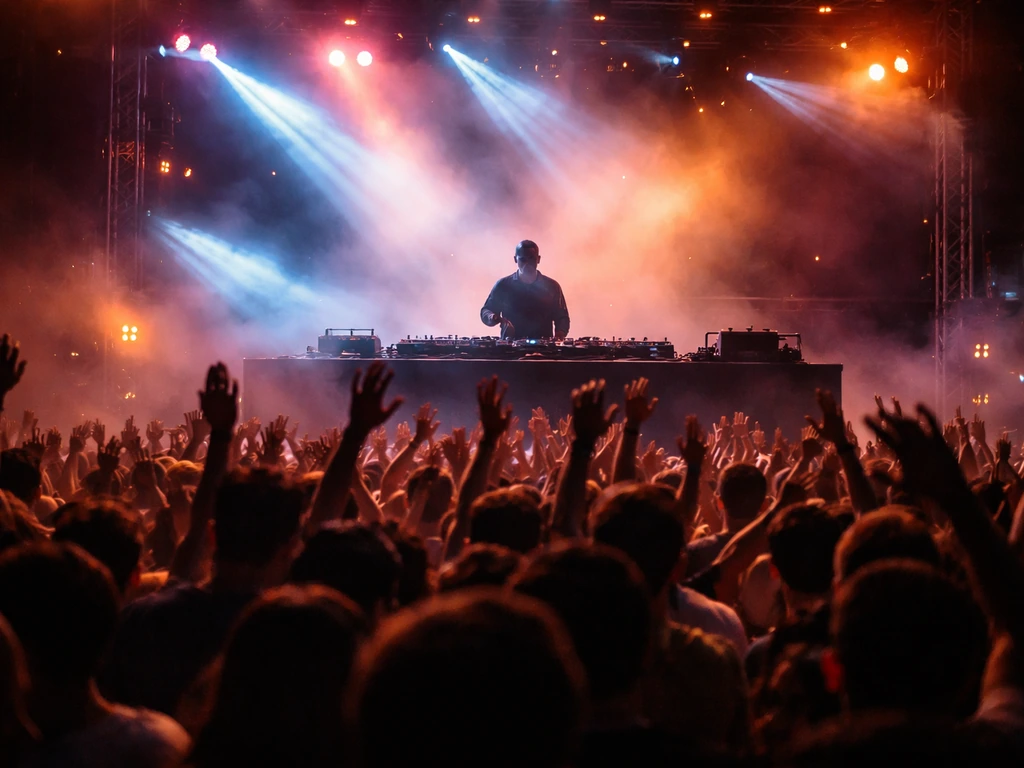 EDM festival stage with a DJ at the booth and a cheering crowd in the foreground, dynamic lighting.