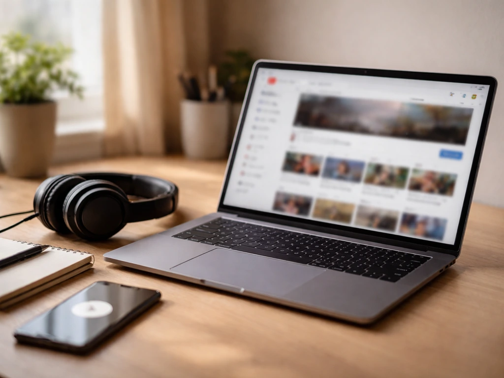 Minimal desk scene with a laptop showing blurred social analytics, suggesting YouTube monetization.